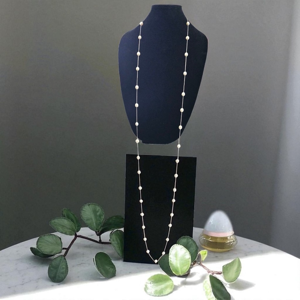 White Cultured Pearl Sautoir Necklace 925 Sterling Clasp Long 76” Chain 8x12mm